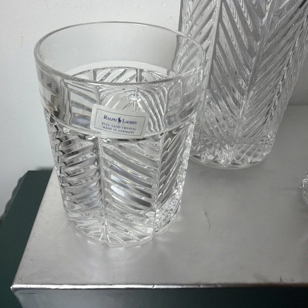 Vintage Ralph Lauren Herringbone Cut Crystal Decanter & 2 High Ball Glasses NEW